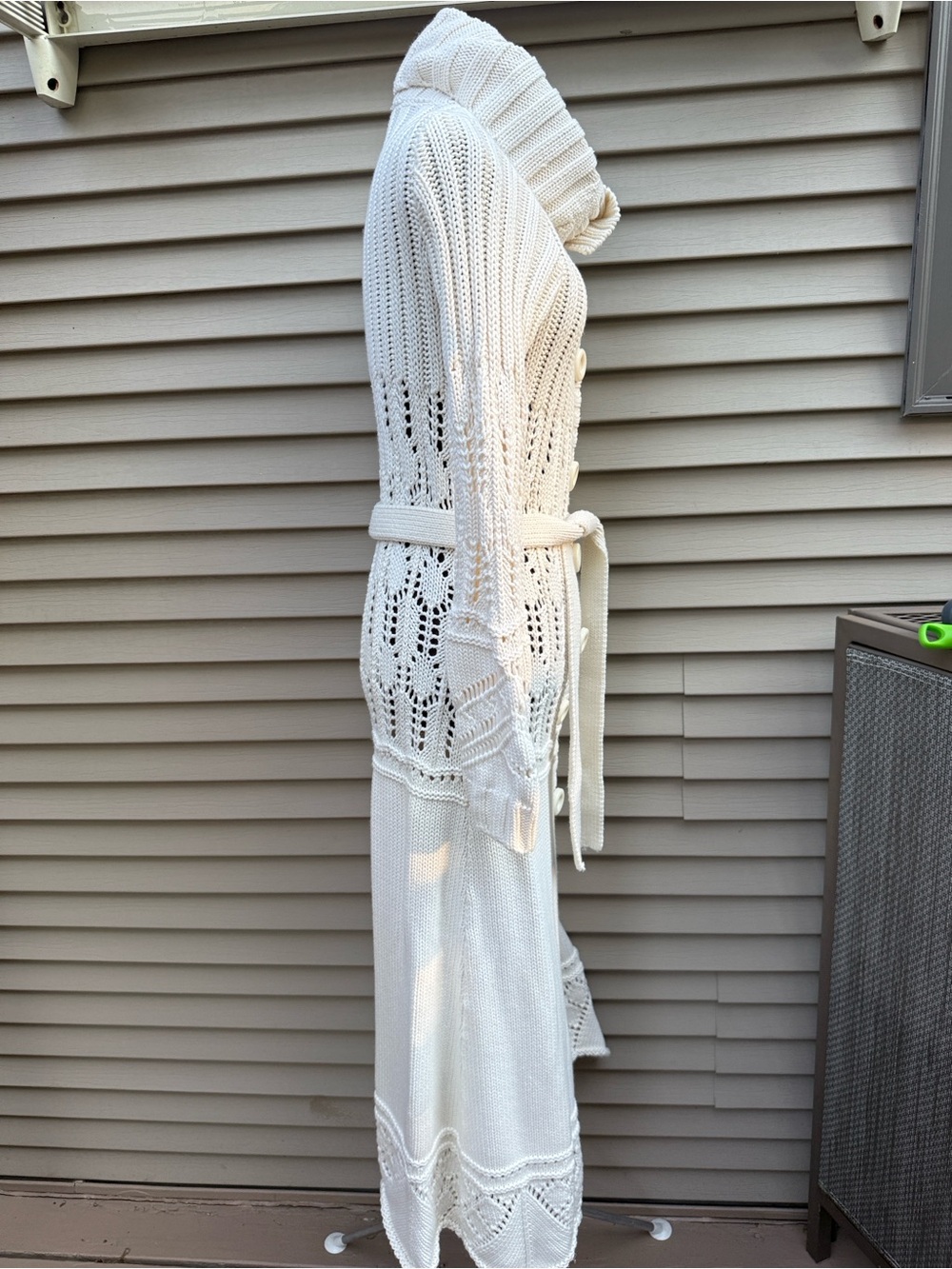 Moda International Long Cream Open-Knit Button-Front Belted Cardigan Size M - Picture 7 of 8
